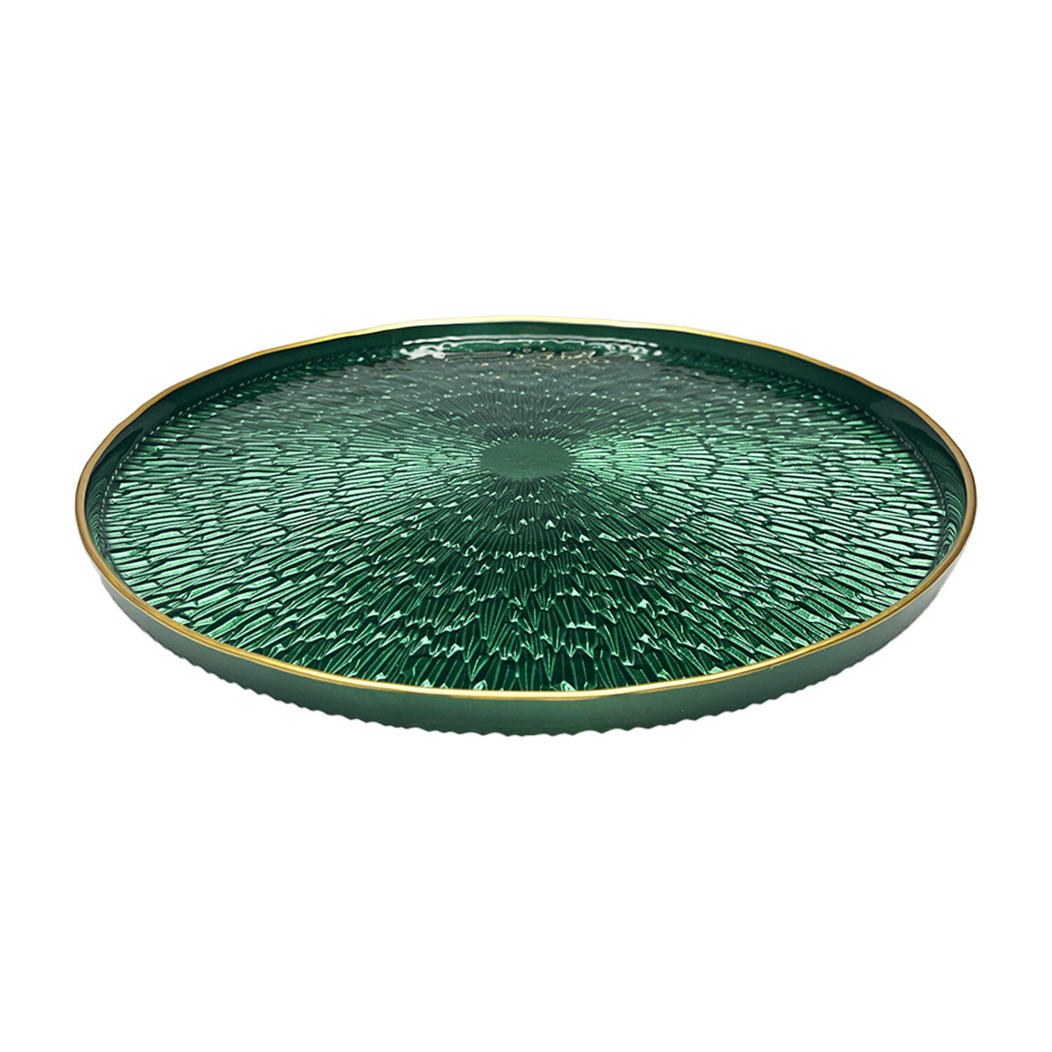 Plat à tarte en verre vert émeraude à bord doré 33 cm