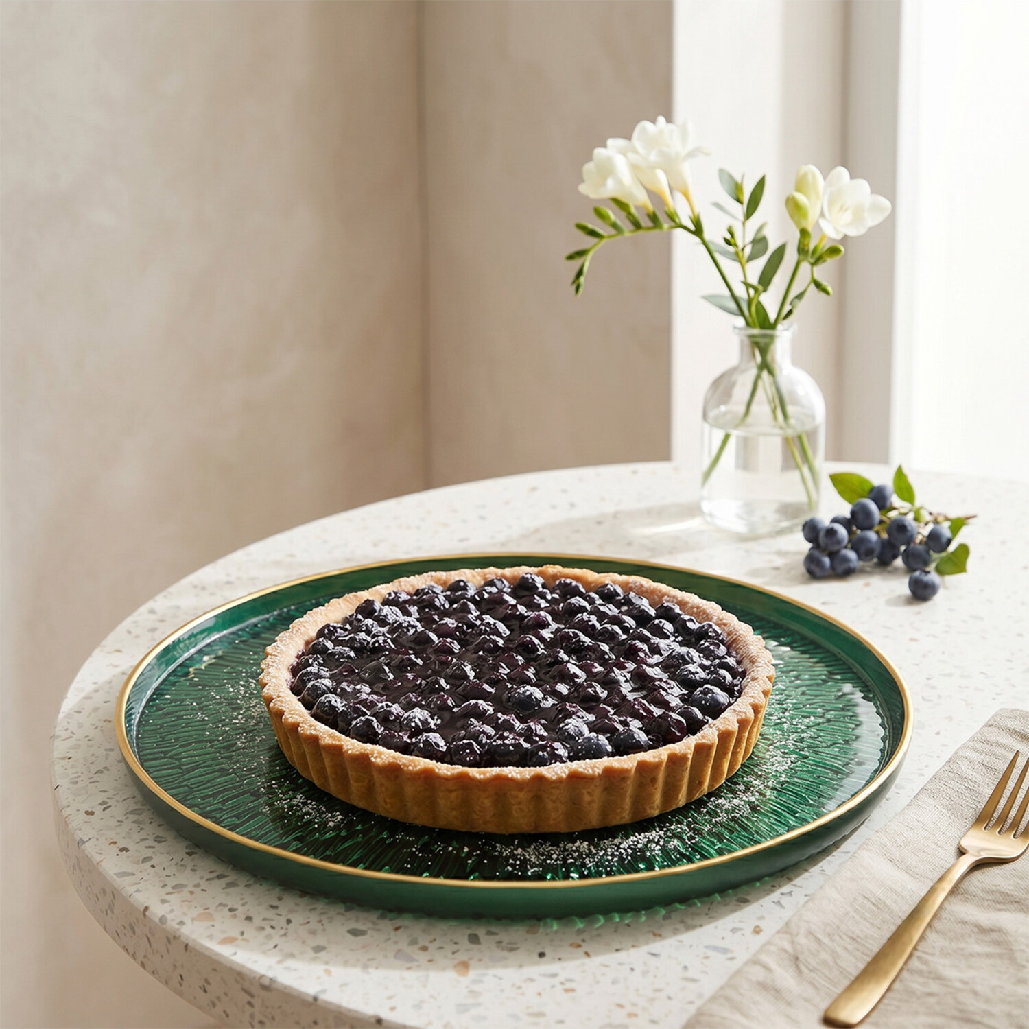 Plat à tarte en verre vert émeraude à bord doré 33 cm, mise en situation 1