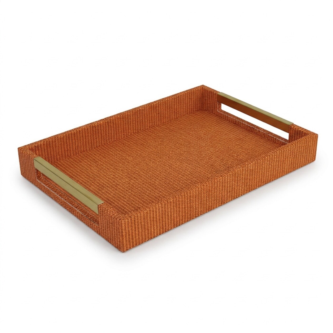 Plateau rectangulaire en tissu orange 43 cm, poignées découpées et barres dorées