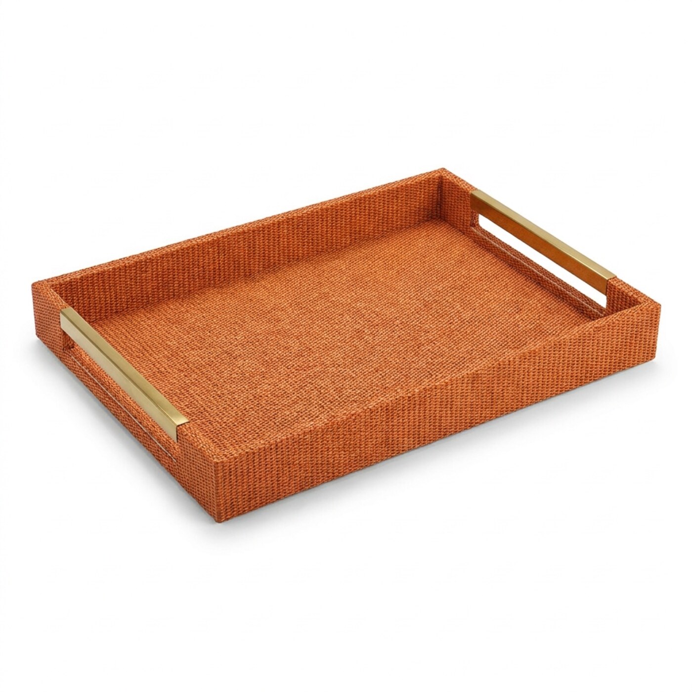 Plateau rectangulaire en tissu orange 46 cm, poignées découpées et barres dorées
