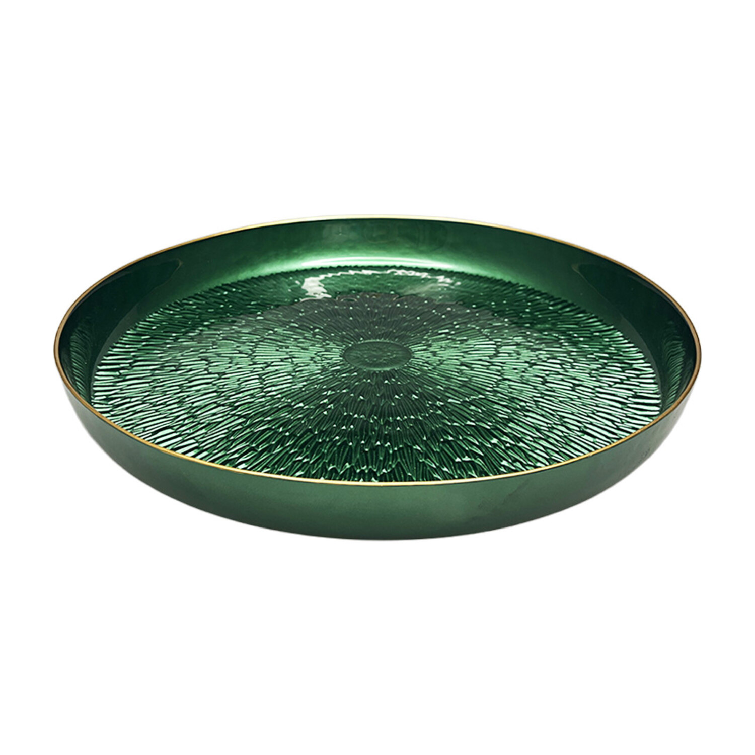 Plateau rond en verre vert émeraude à bord doré 35 cm