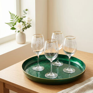 Plateau rond en verre vert émeraude à bord doré 35 cm