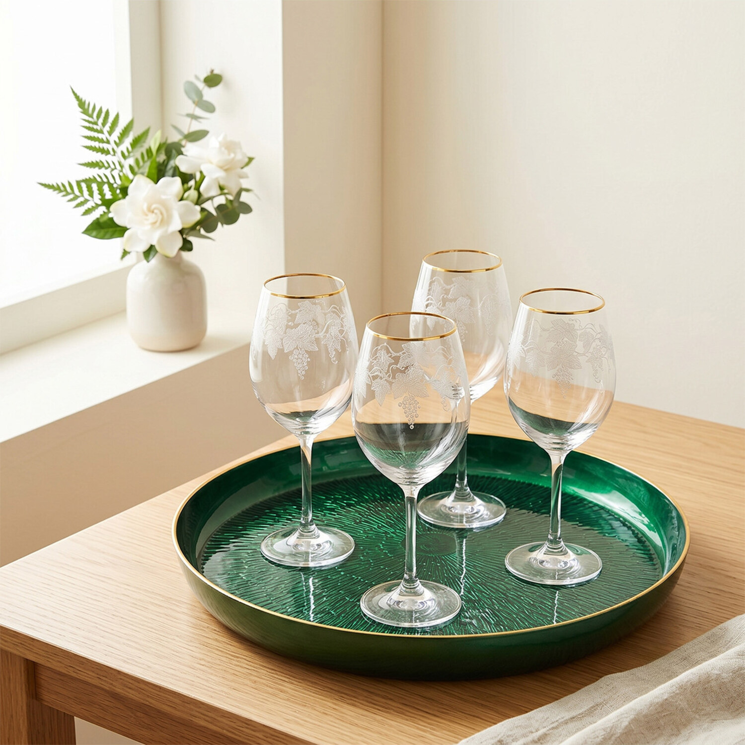 Plateau rond en verre vert émeraude à bord doré 35 cm, mise en situation 1