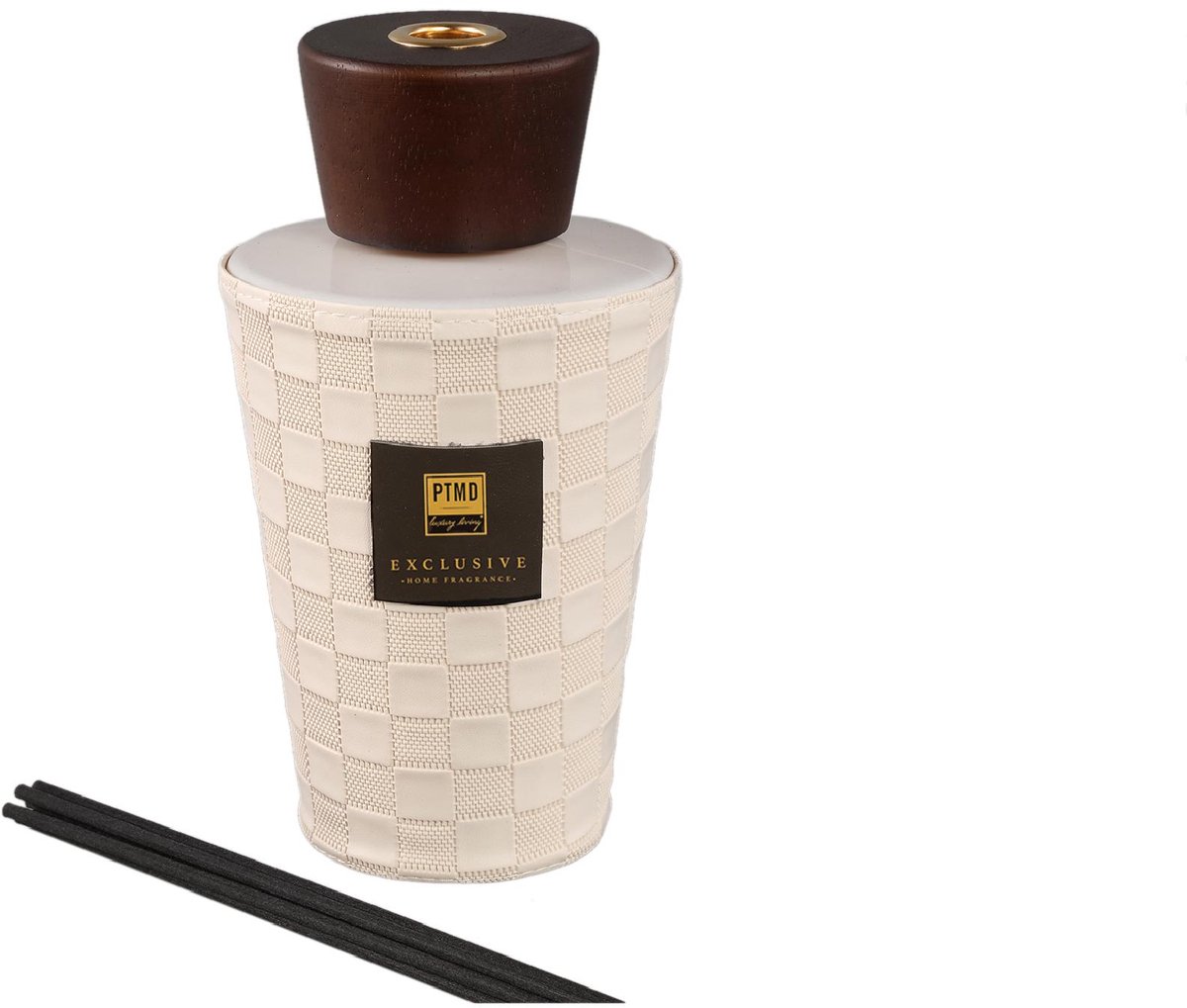 Diffuseur de parfum PTMD Exclusive Home Fragrance, Clean Linen, pot en verre tissé beige, bouchon bois, bâtonnets