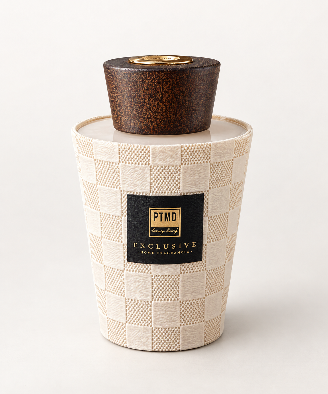 Diffuseur de parfum PTMD Exclusive Home Fragrance, Clean Linen, vase en verre habillé tissu tressé beige, bouchon bois et anneau doré