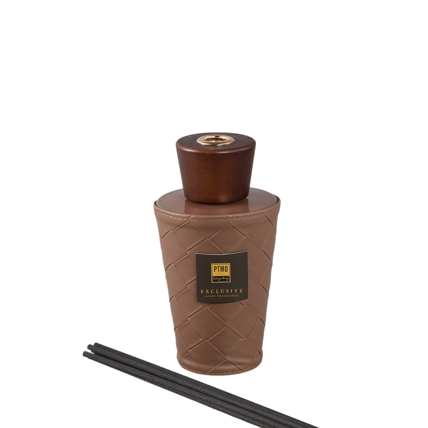 Diffuseur de parfum PTMD Exclusive Home Fragrance, Oak & Blackcurrant, vase en verre habillé de cuir tressé marron, bouchon bois, bâtonnets