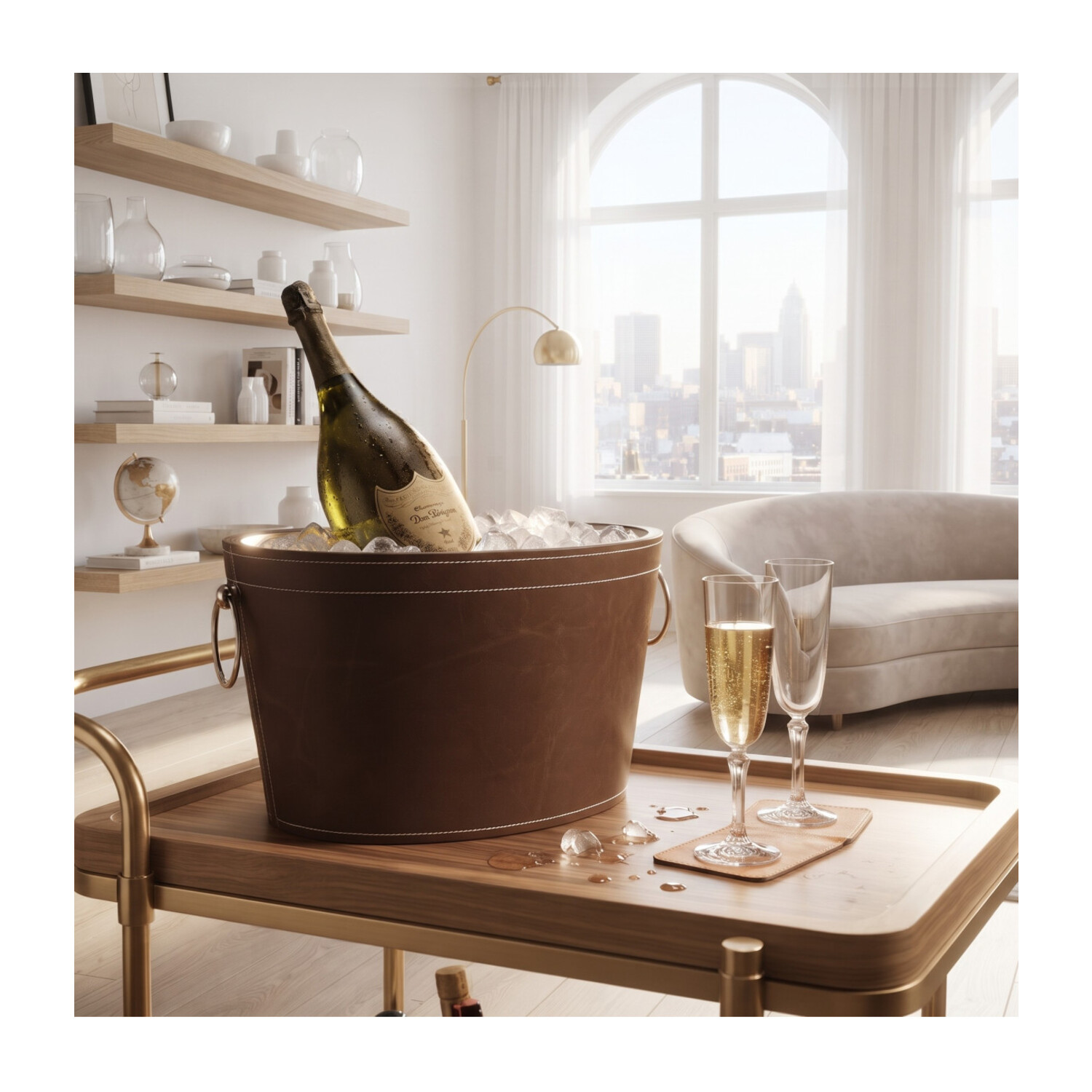 Seau à champagne magnum métal et simili cuir marron — mise en situation 1