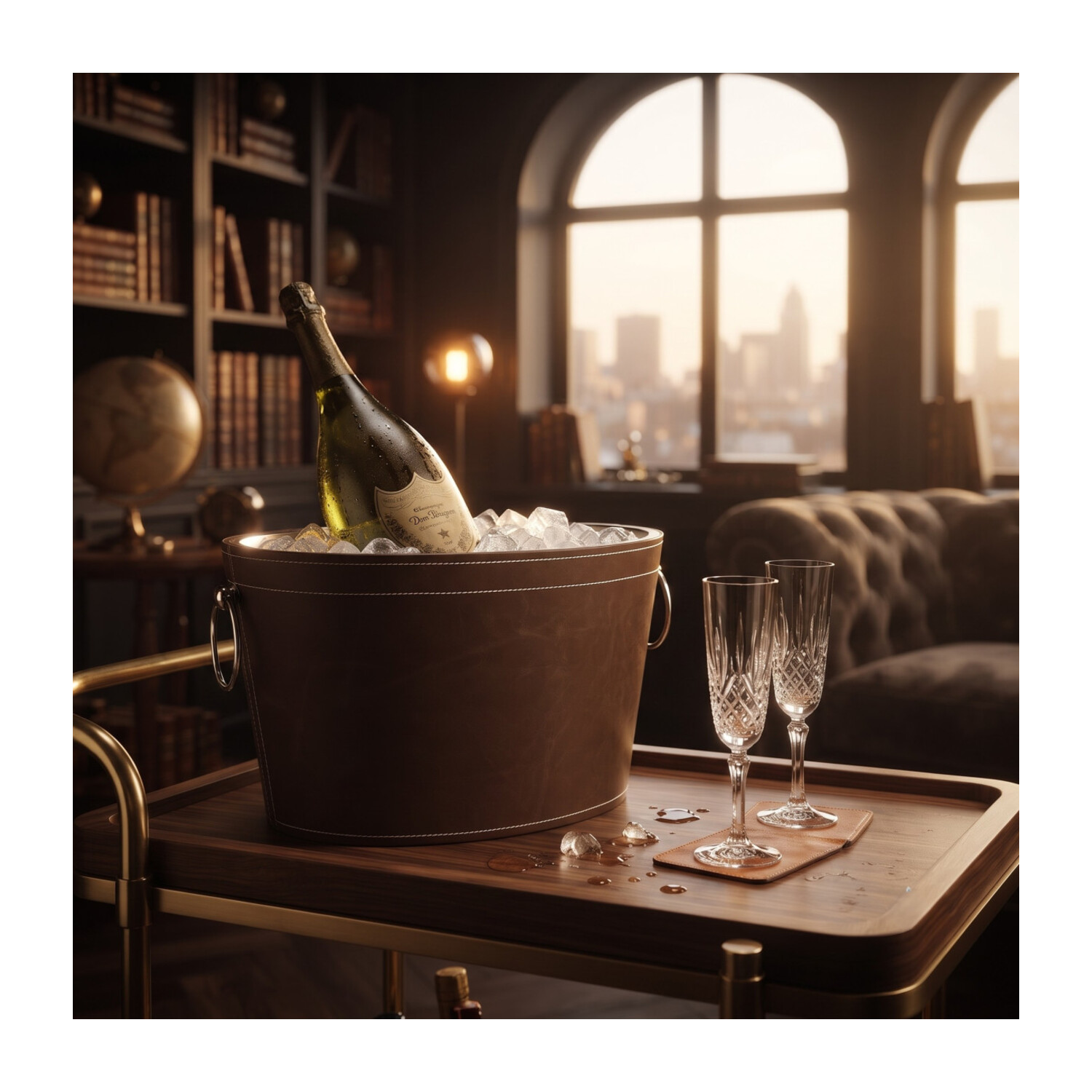 Seau à champagne magnum métal et simili cuir marron — mise en situation 2