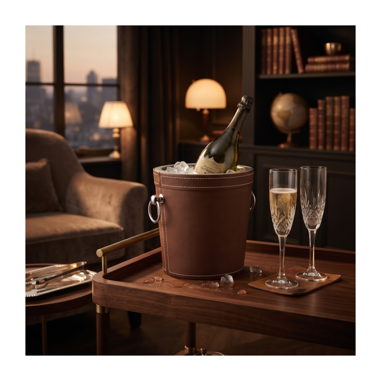 Seau à champagne métal et simili cuir marron — mise en situation 2