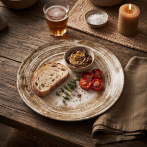 Service complet écorce Aulica en porcelaine : assiette plate dressée sur une table en bois