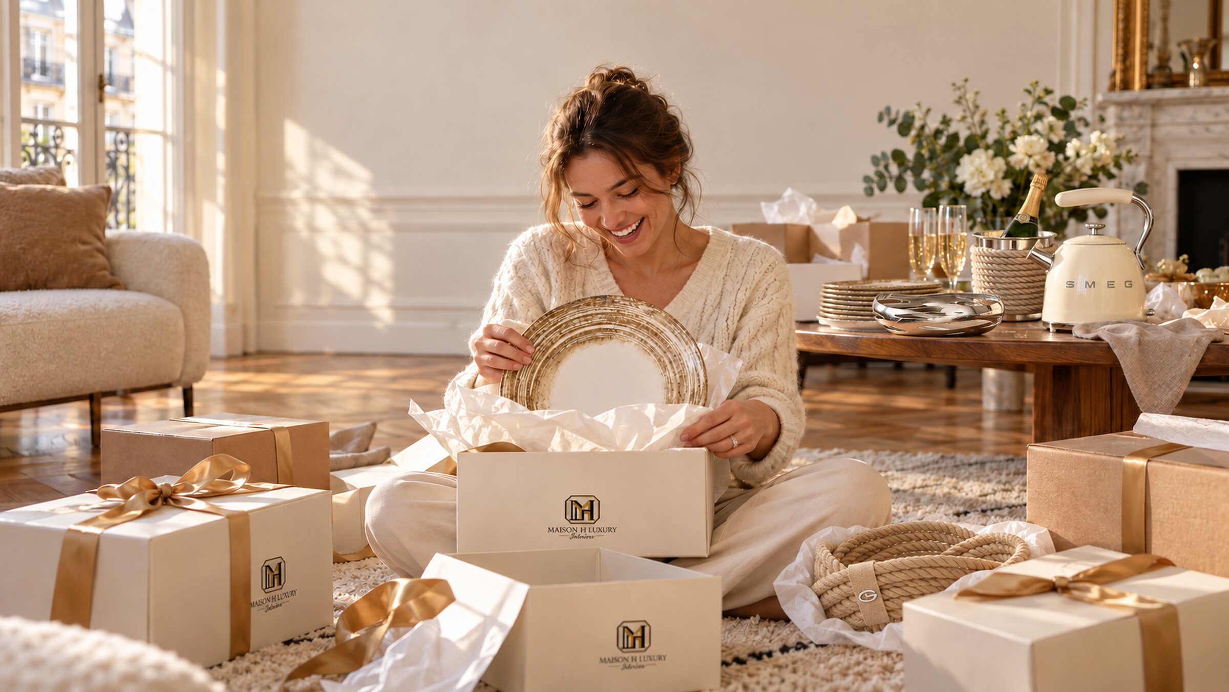 Jeune femme assise au milieu de boîtes cadeaux Maison H Luxury, qui déballe une assiette Écorce ; derrière elle, une bouilloire SMEG et des assiettes déjà ouvertes