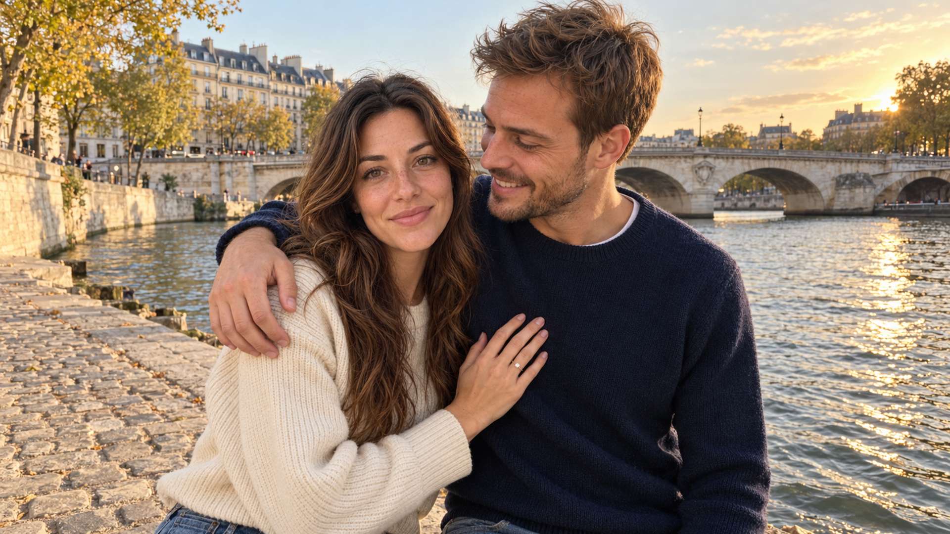 Léa et Thomas sur les quais de Seine au soleil couchant, la main de Léa, bague au doigt, posée sur le pull de Thomas.