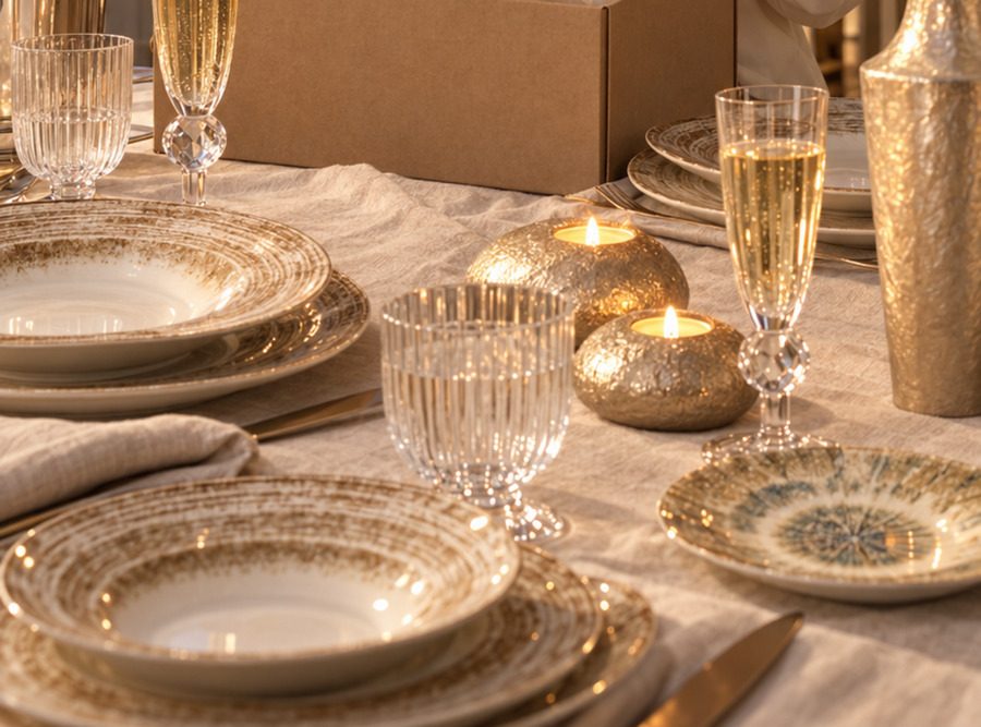 La table dressée en gros plan : assiettes en porcelaine au bord moucheté, verres côtelés, flûtes à pied diamant et photophores dorés sur une nappe de lin.